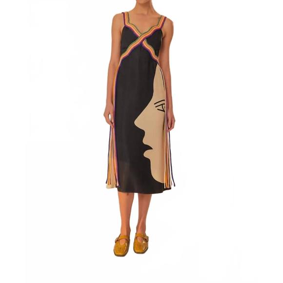 Farm Rio Sand Garden Scarf Long Sleeve Organic Cotton Midi Dress